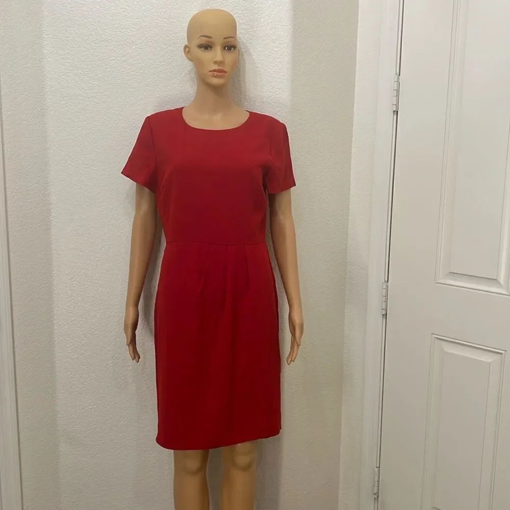 Loft Dress Sz 8 Red Scoop Neck Short Sleeve Pleated Faux Wrap Midi Zipper Back